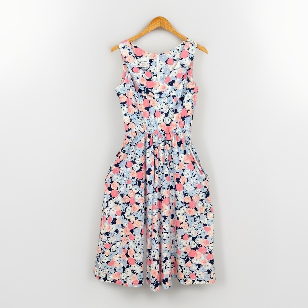 Vtg 90s Dress Womens XS Sleeveless Cotton Floral Pockets Garden Party Cottage